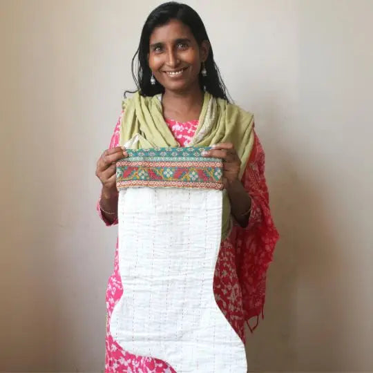 Kantha Christmas Stocking, Natural Cotton with Vintage Cuff