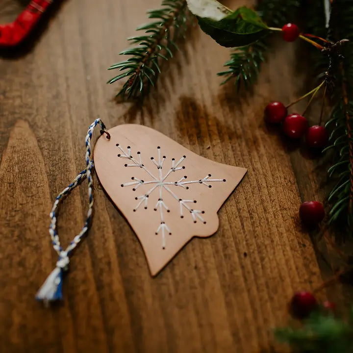 Embroidered Bell Christmas Ornament in Brass or Copper
