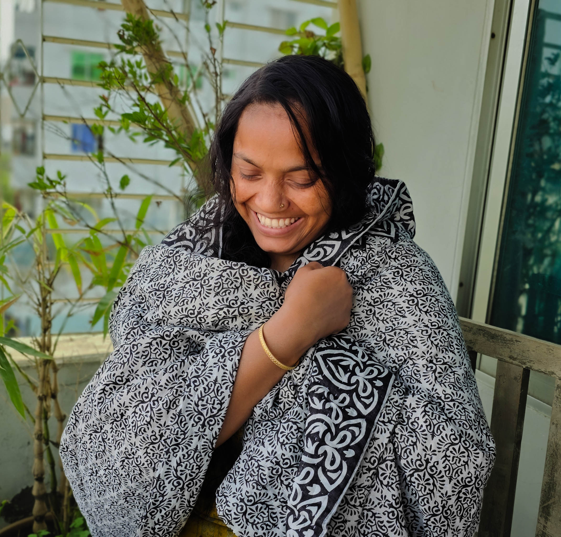 Kantha quilted throw blanket, soft grey with custom pattern