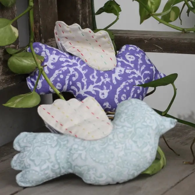 Handstitched soft bird decor from colorful sari cloth