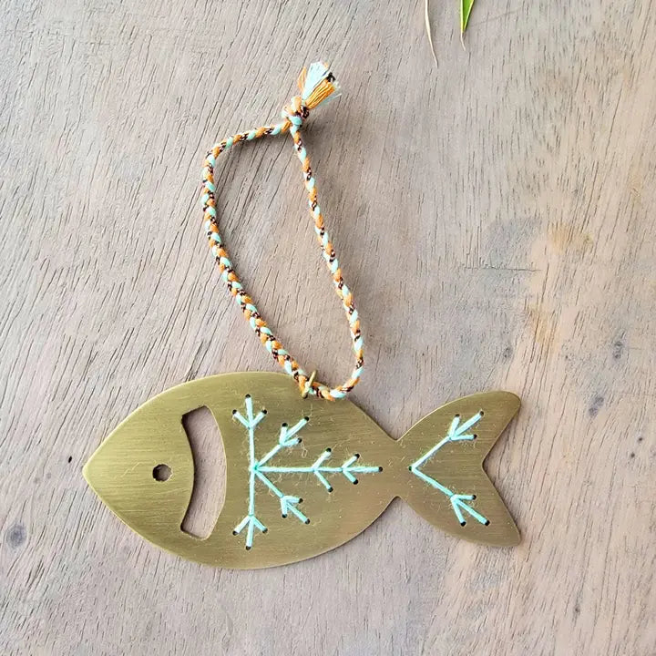 Embroidered Fish Ornament in Brass