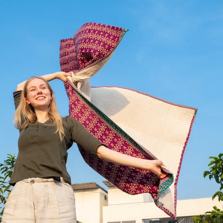 Basha Natural Kantha Blanket with Recycled Sari Backing