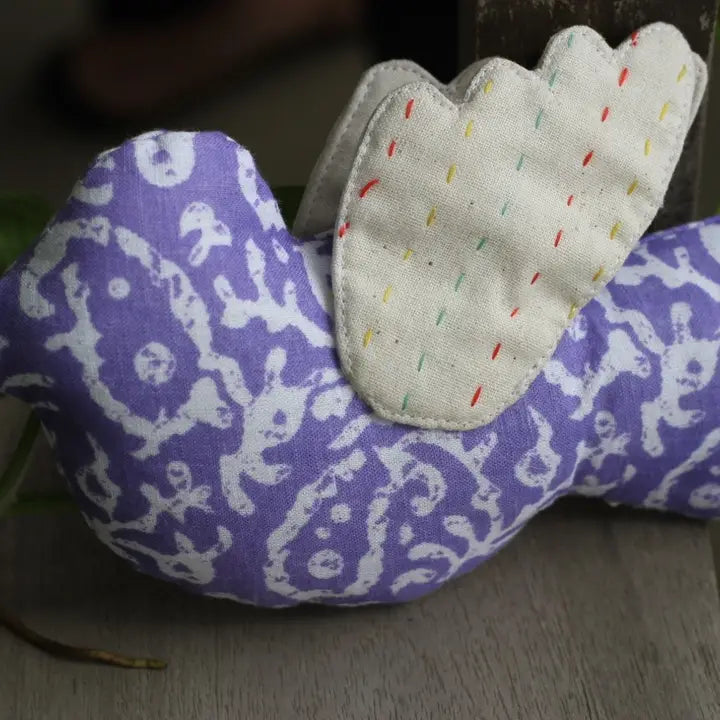 Handstitched soft bird decor from colorful sari cloth