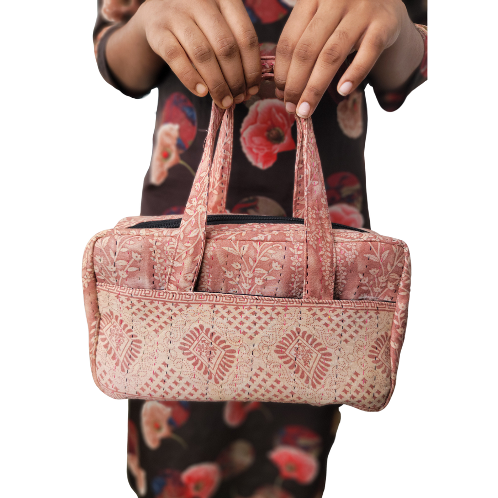 Basha Kantha Mini Duffel Bag in Salmon Pink and Beige