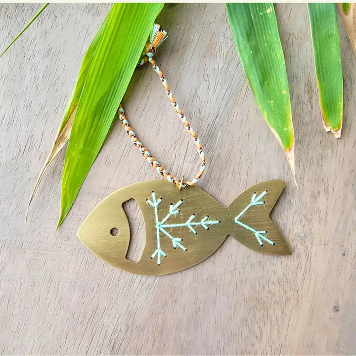 Embroidered Fish Ornament in Brass
