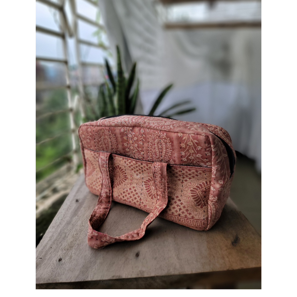 Basha Kantha Mini Duffel Bag in Salmon Pink and Beige