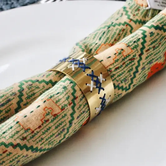 Embroidered Brass Napkin Ring, 4 Pcs Per Set