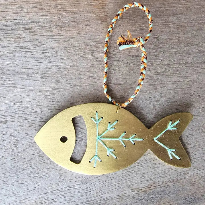Embroidered Fish Ornament in Brass