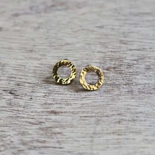 Hammered Circle Stud Earrings, Brass, handmade