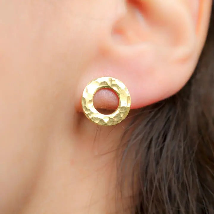 Hammered Circle Stud Earrings, Brass, handmade