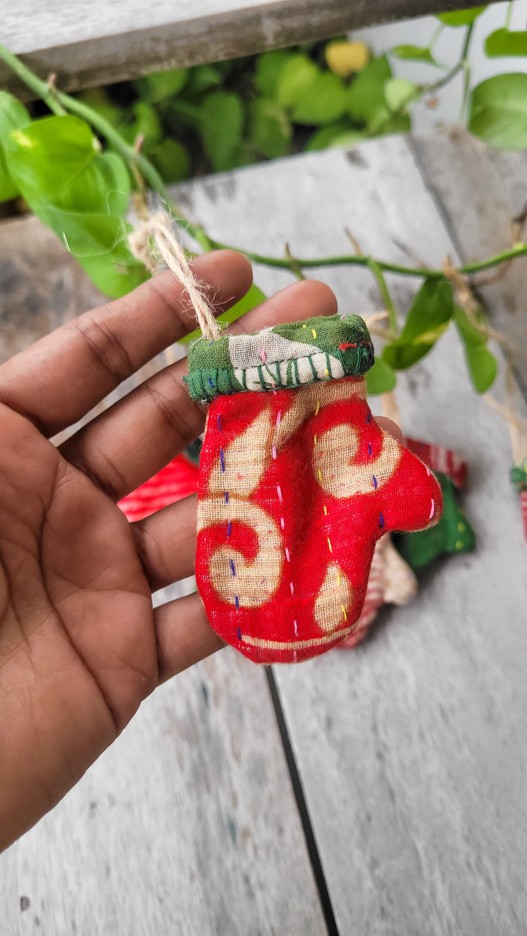 Red & Green Kantha Mitten Christmas Ornament