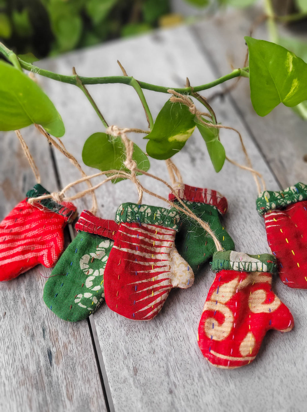 Red & Green Kantha Mitten Christmas Ornament