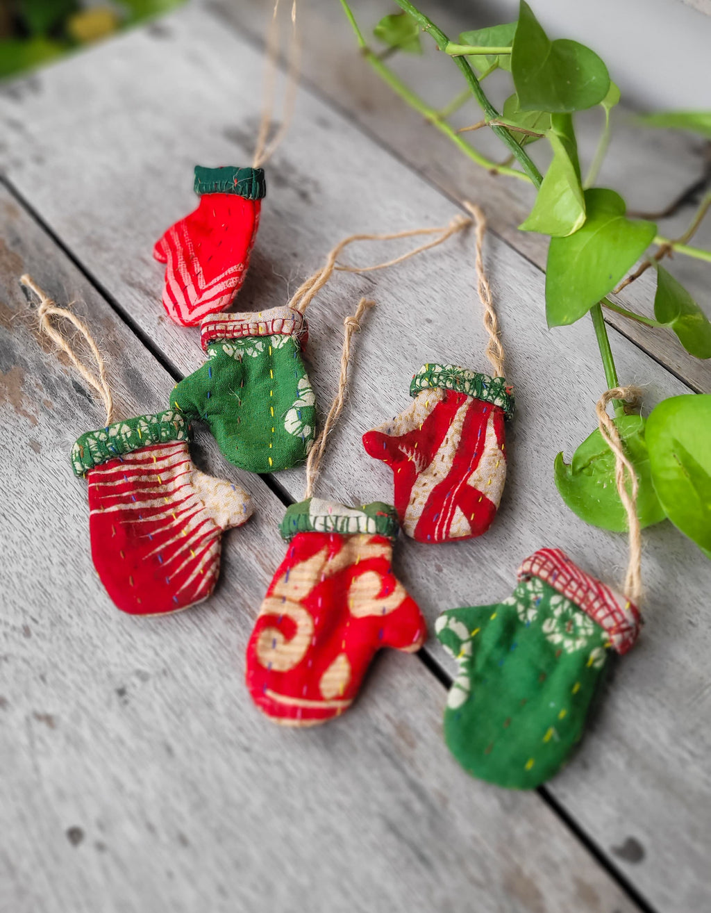 Red & Green Kantha Mitten Christmas Ornament