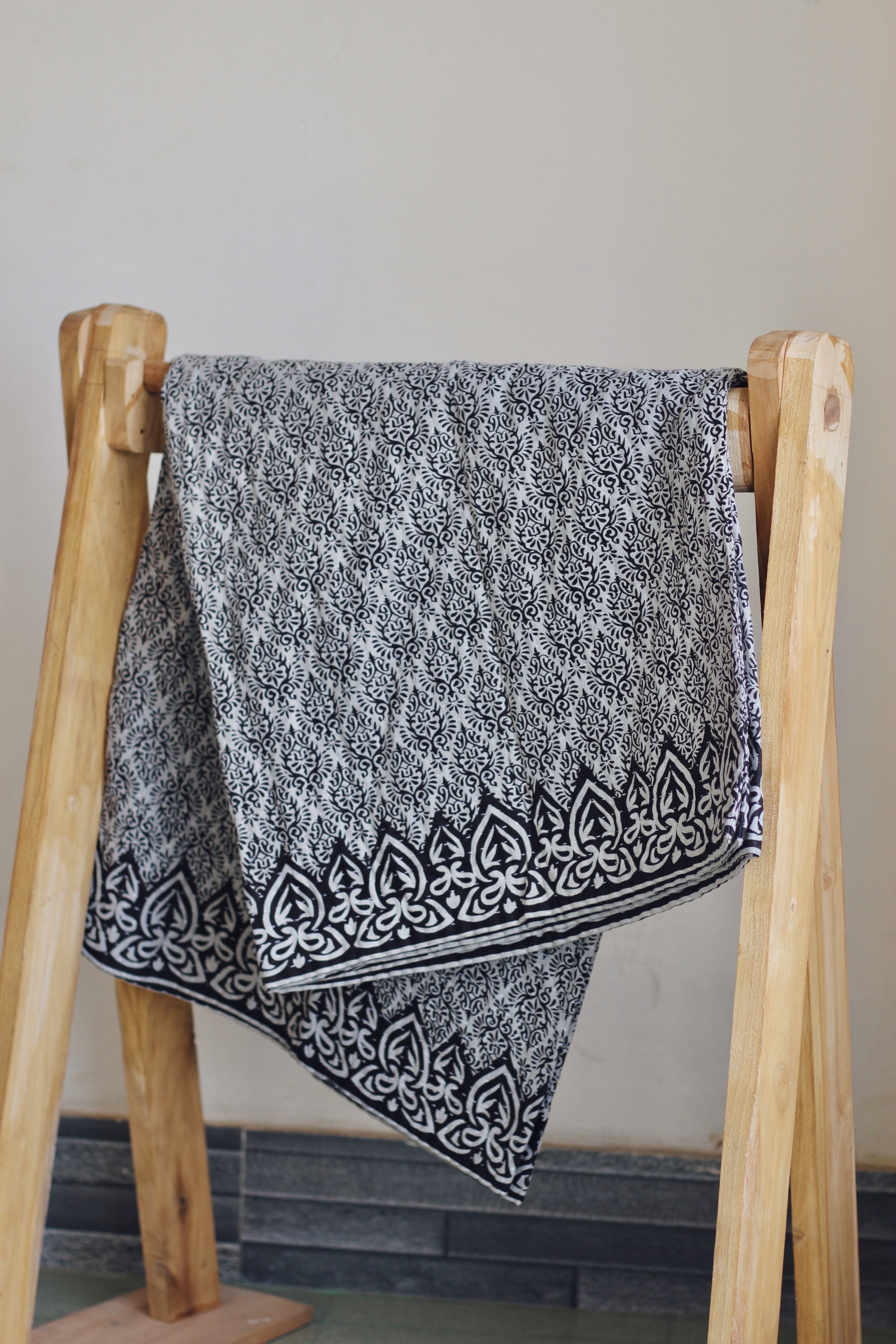 Kantha quilted throw blanket, soft grey with custom pattern