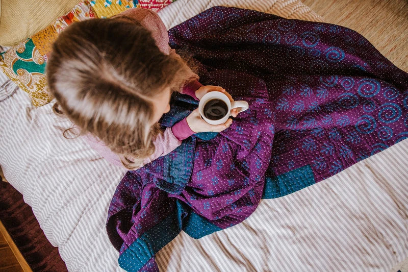 Kantha Natural Indigo Dyed Vintage Cotton Throw Blanket