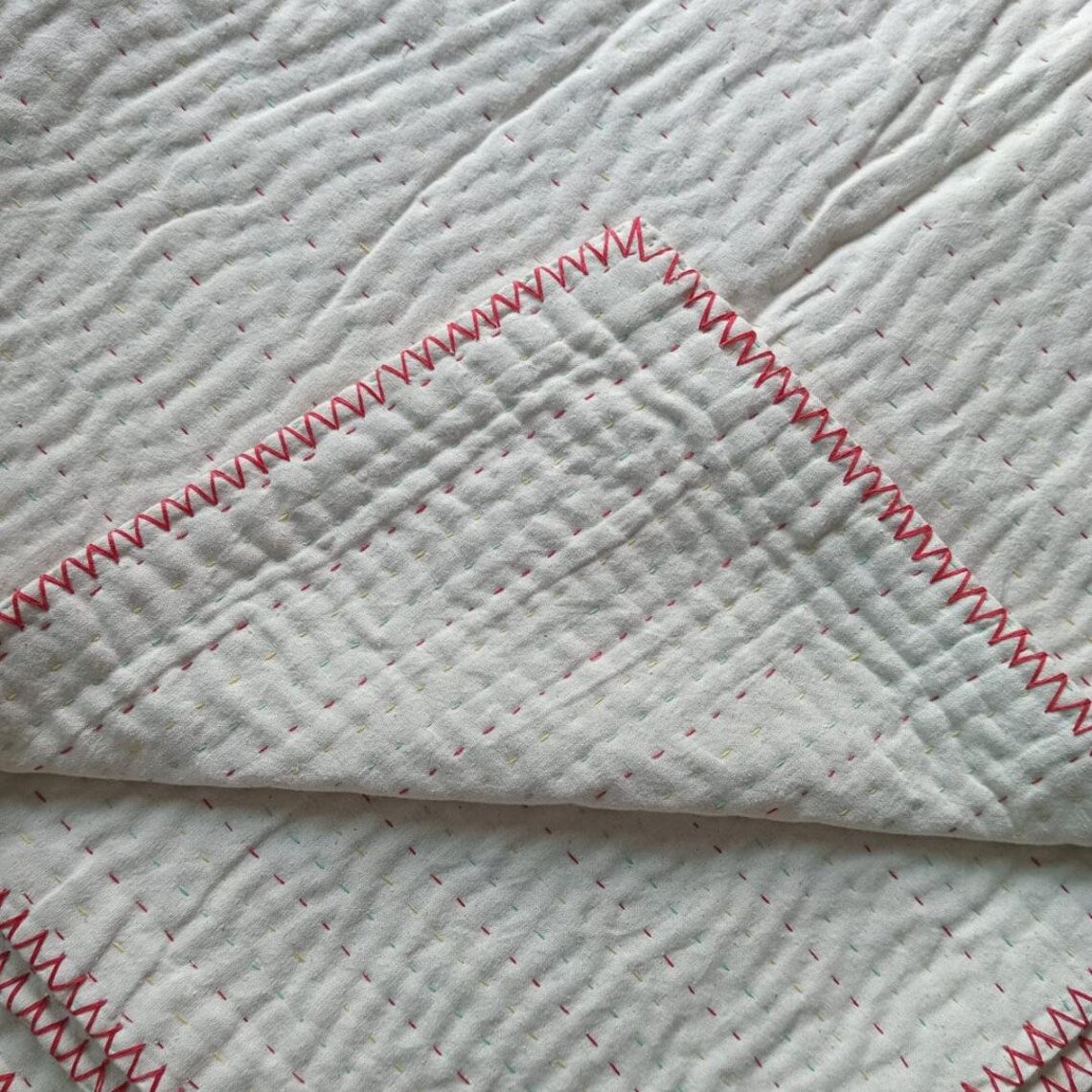 Basha Throw Size Kantha Blanket in Unbleached Cotton with Hand Stitched Edges