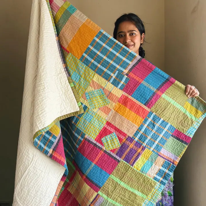 Basha Recycled Patchwork Plaid Blanket & Unbleached Cotton