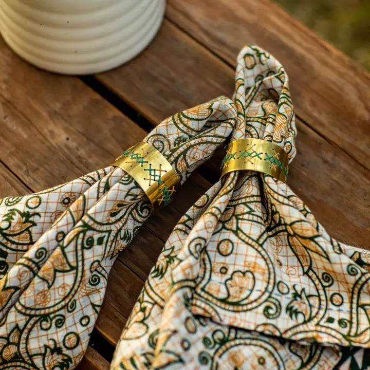 Embroidered Brass Napkin Ring, 4 Pcs Per Set