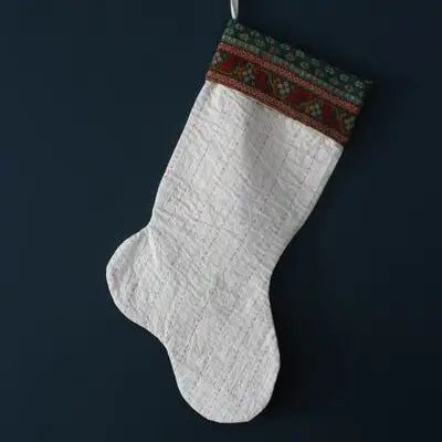 Kantha Christmas Stocking, Natural Cotton with Vintage Cuff