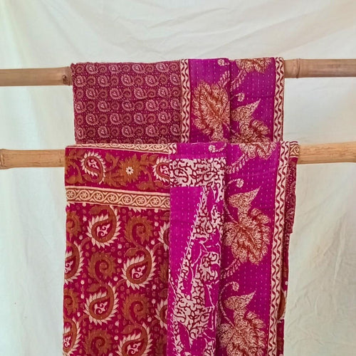 Basha Large Kantha Quilt in Shades of Magenta