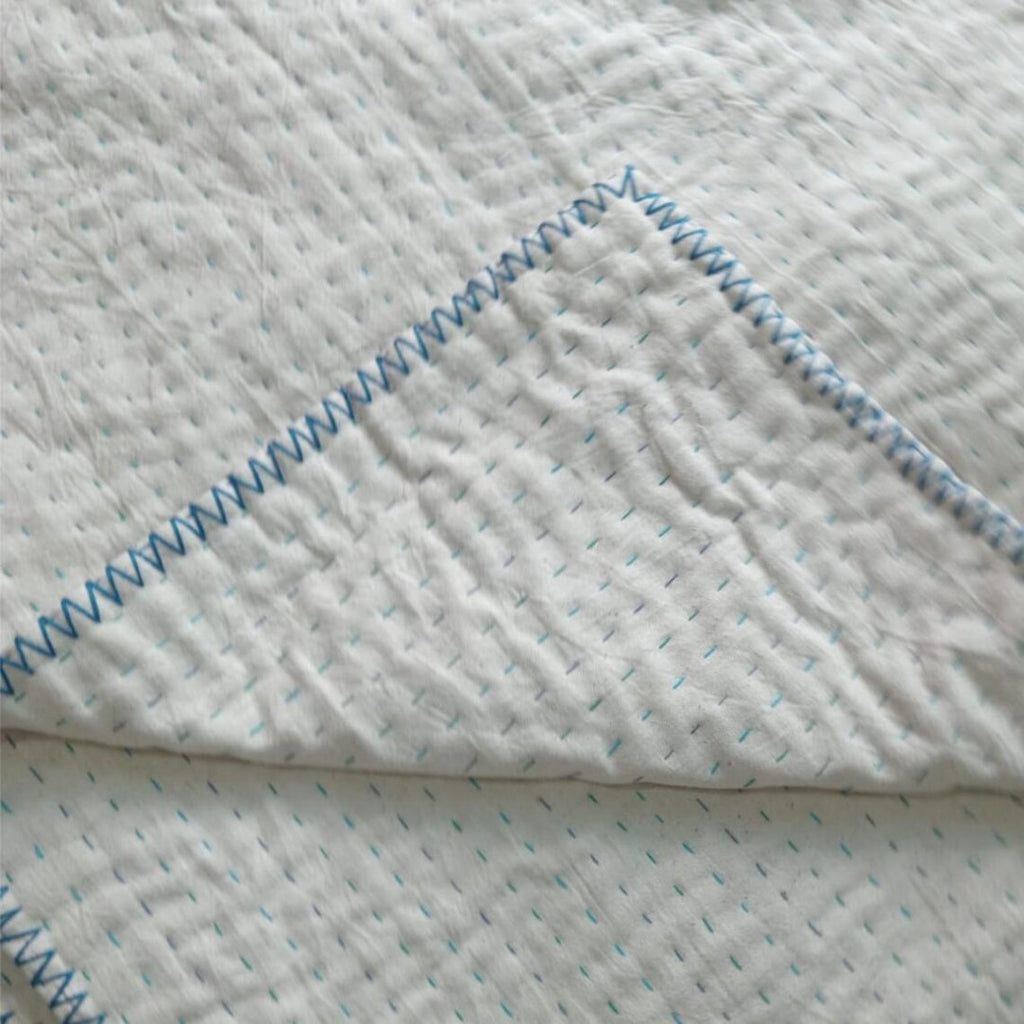 Basha Throw Size Kantha Blanket in Unbleached Cotton with Hand Stitched Edges