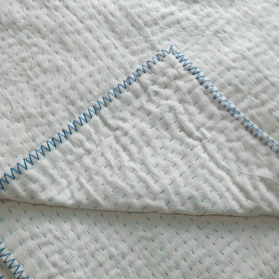 Basha Throw Size Kantha Blanket in Unbleached Cotton with Hand Stitched Edges