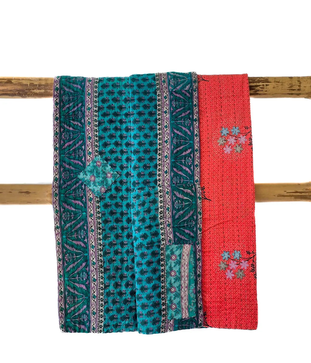 Basha Small Kantha Blanket in Red and Turquoise Blue
