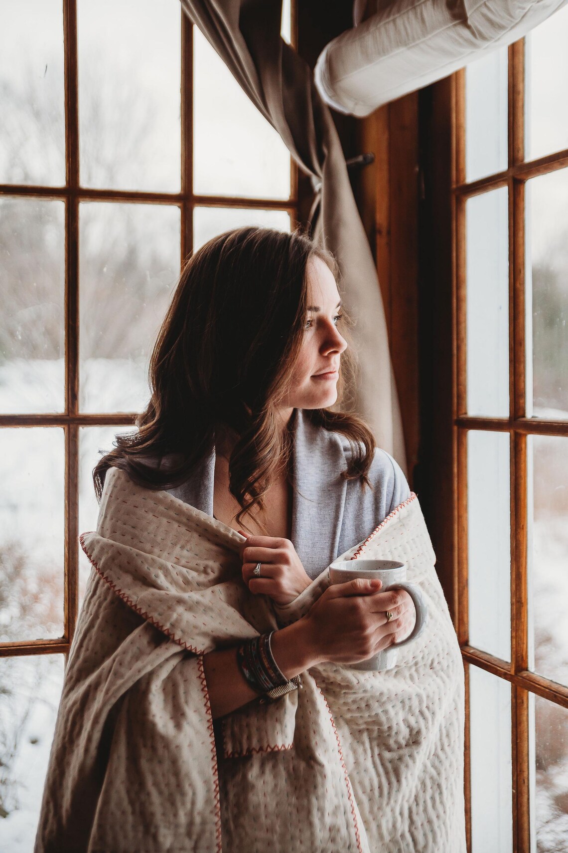 Basha Throw Size Kantha Blanket in Unbleached Cotton with Hand Stitched Edges