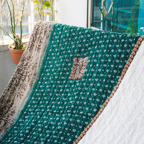 Basha Natural Kantha Blanket with Recycled Sari Backing