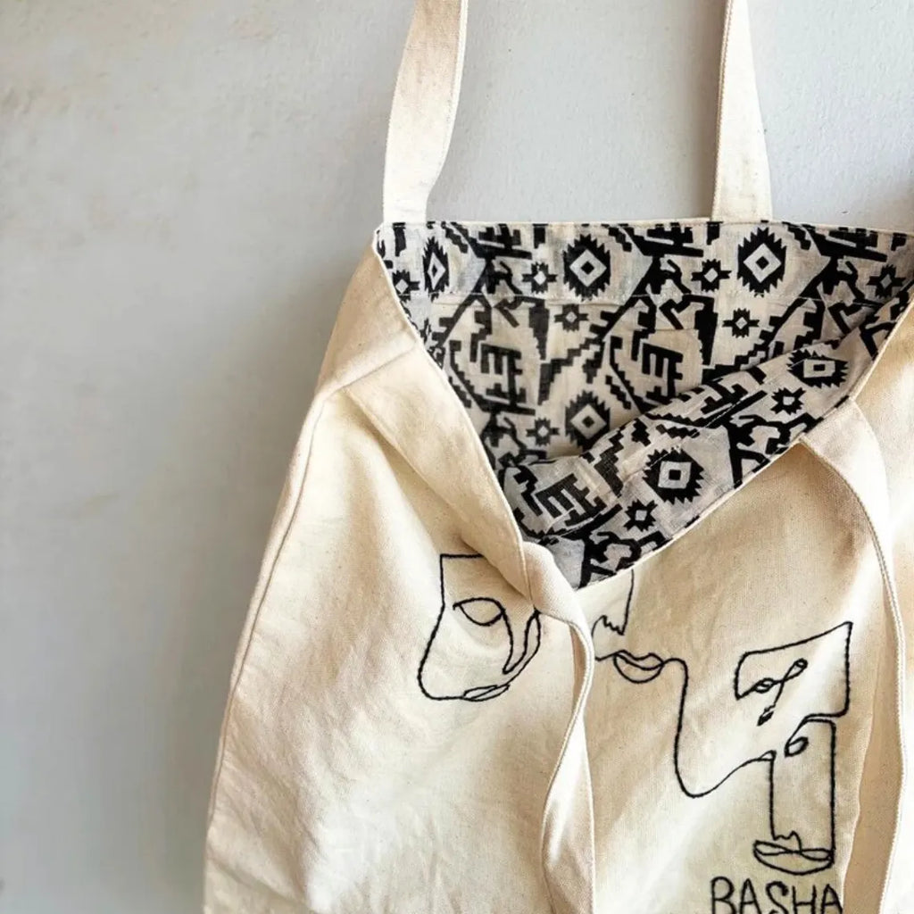 Embroidered Cotton Tote Bag with Sari Cloth Lining