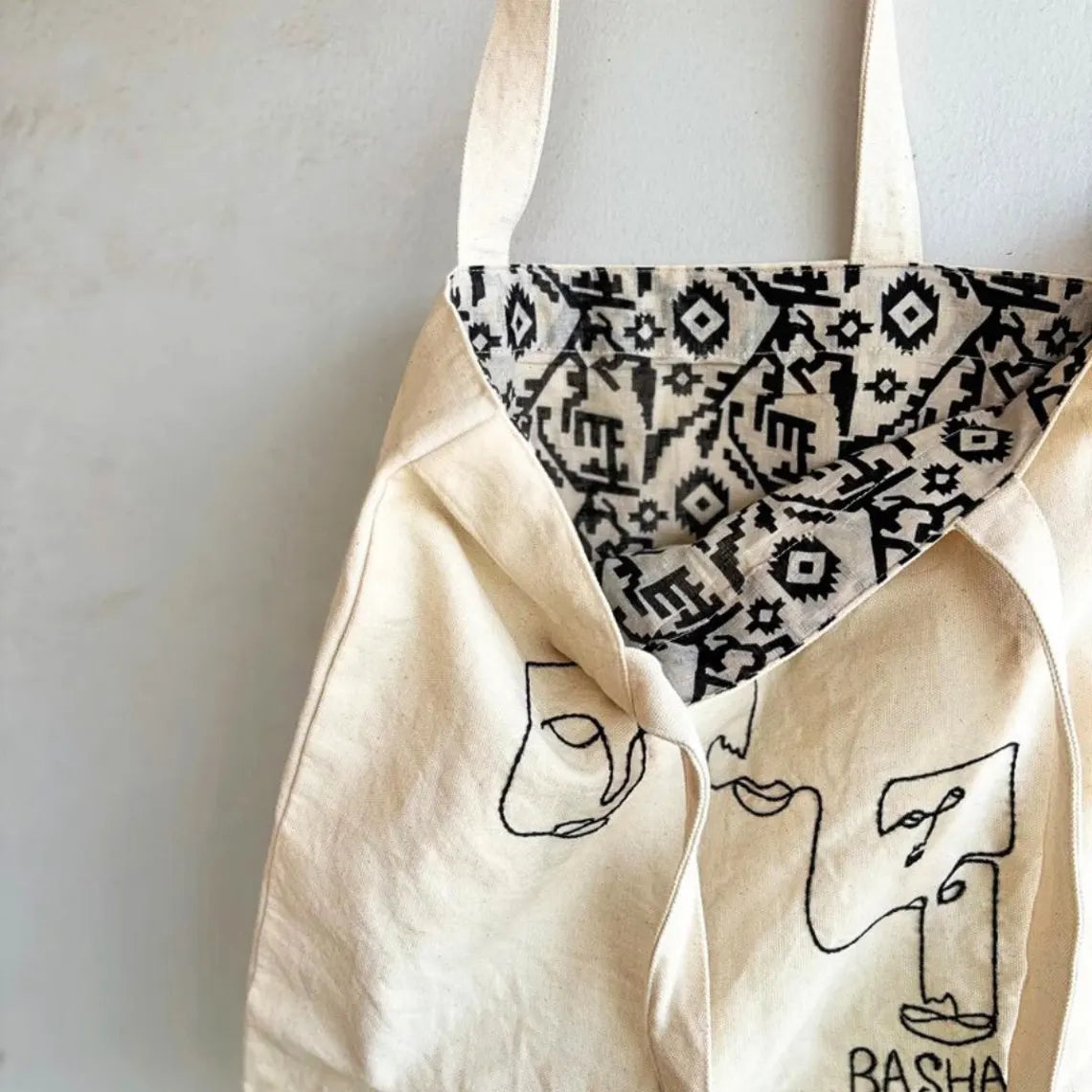 Embroidered Cotton Tote Bag with Sari Cloth Lining