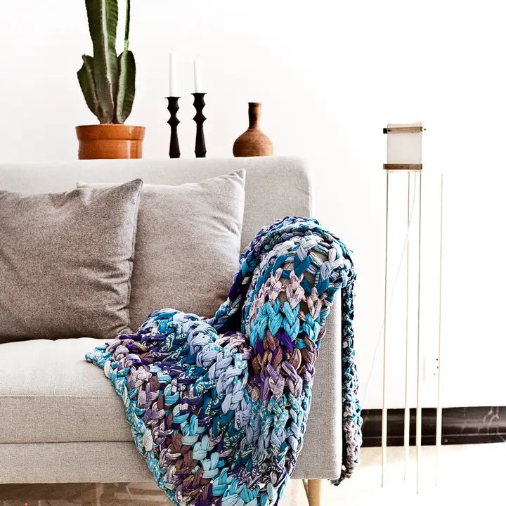 Chunky knit recycled cloth unique, one of a kind blanket