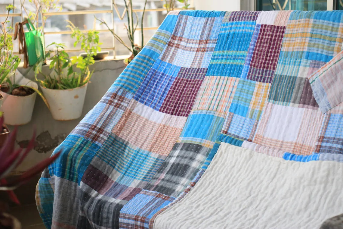 Basha Throw Blanket in Recycled Plaid with Unbleached Cotton Backing