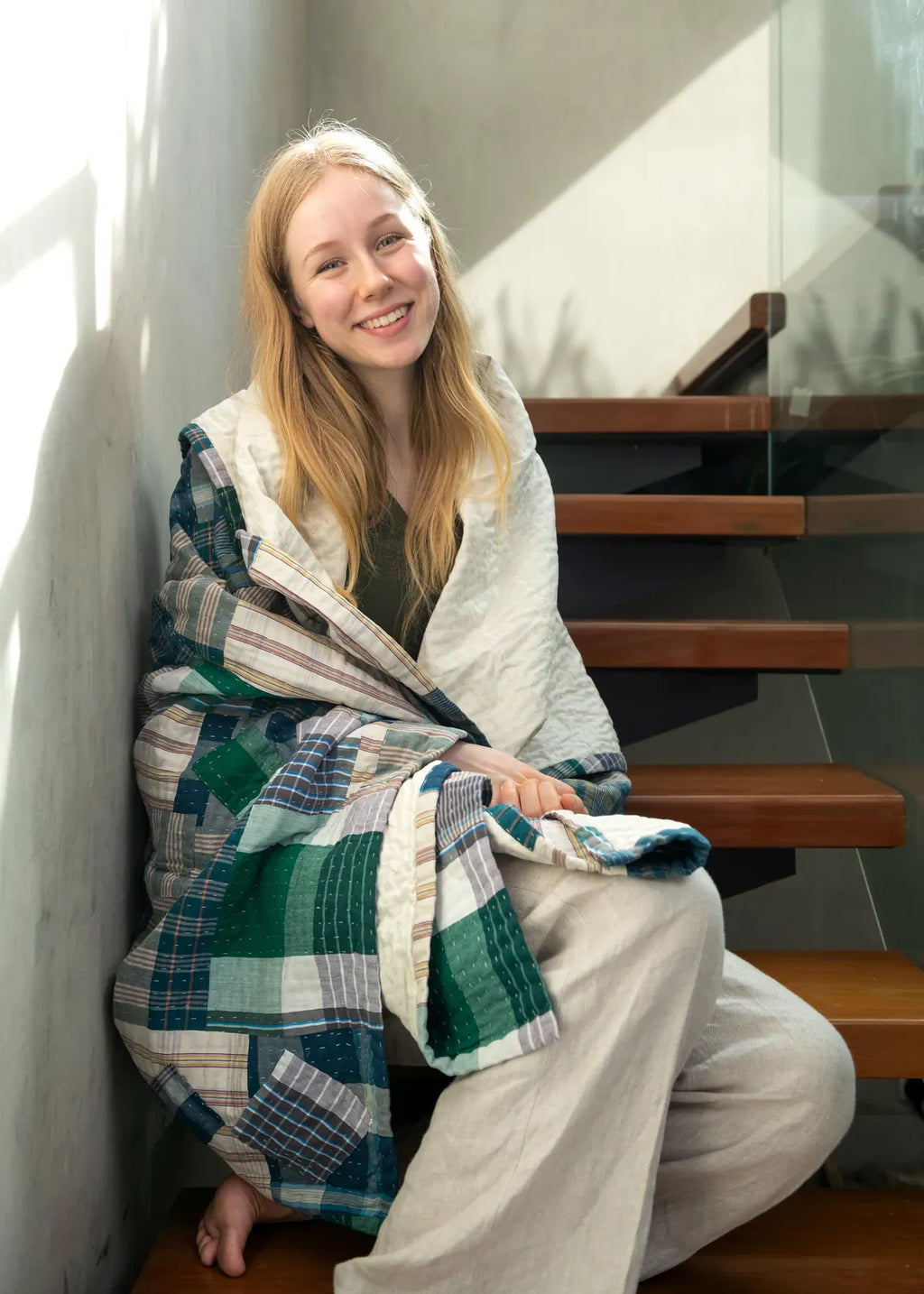 Basha Throw Blanket in Recycled Plaid with Unbleached Cotton Backing