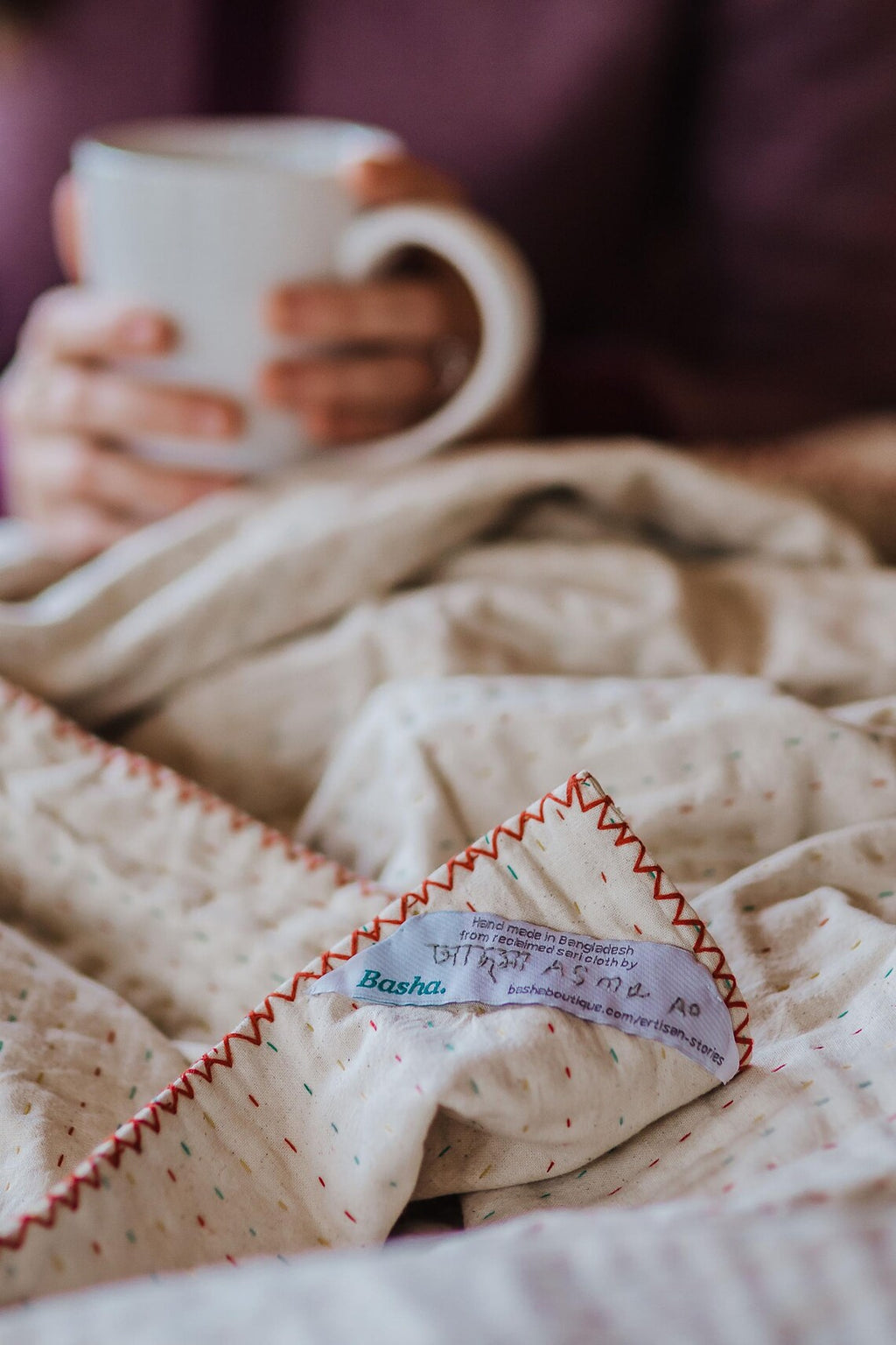 Basha Throw Size Kantha Blanket in Unbleached Cotton with Hand Stitched Edges