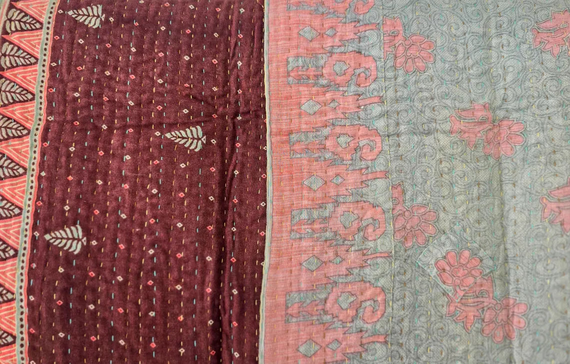 Basha Small Kantha Blanket in Dusty Pink and Burgundy