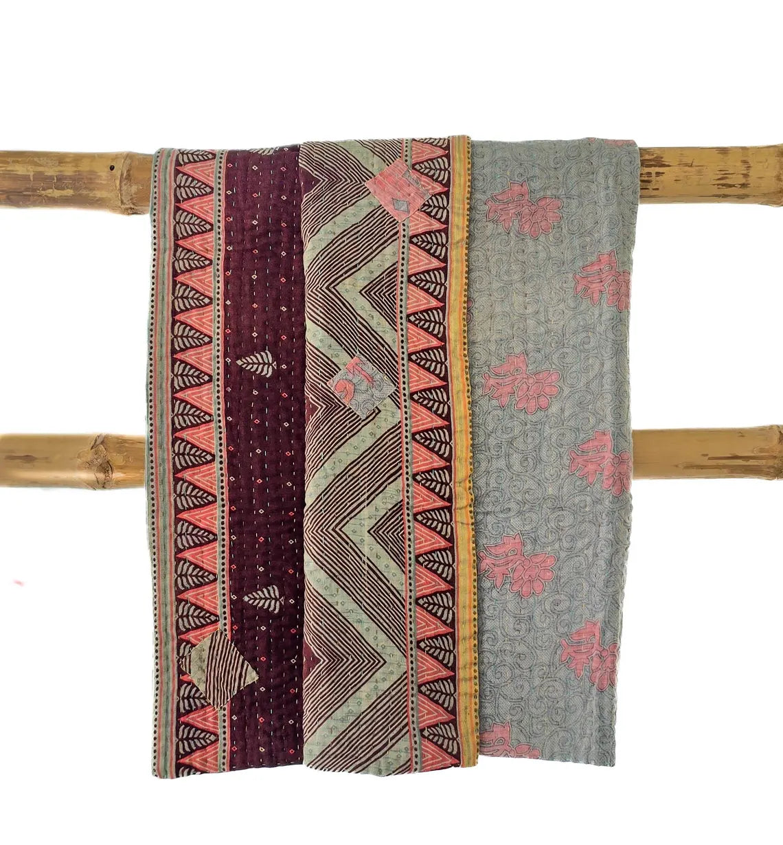 Basha Small Kantha Blanket in Dusty Pink and Burgundy