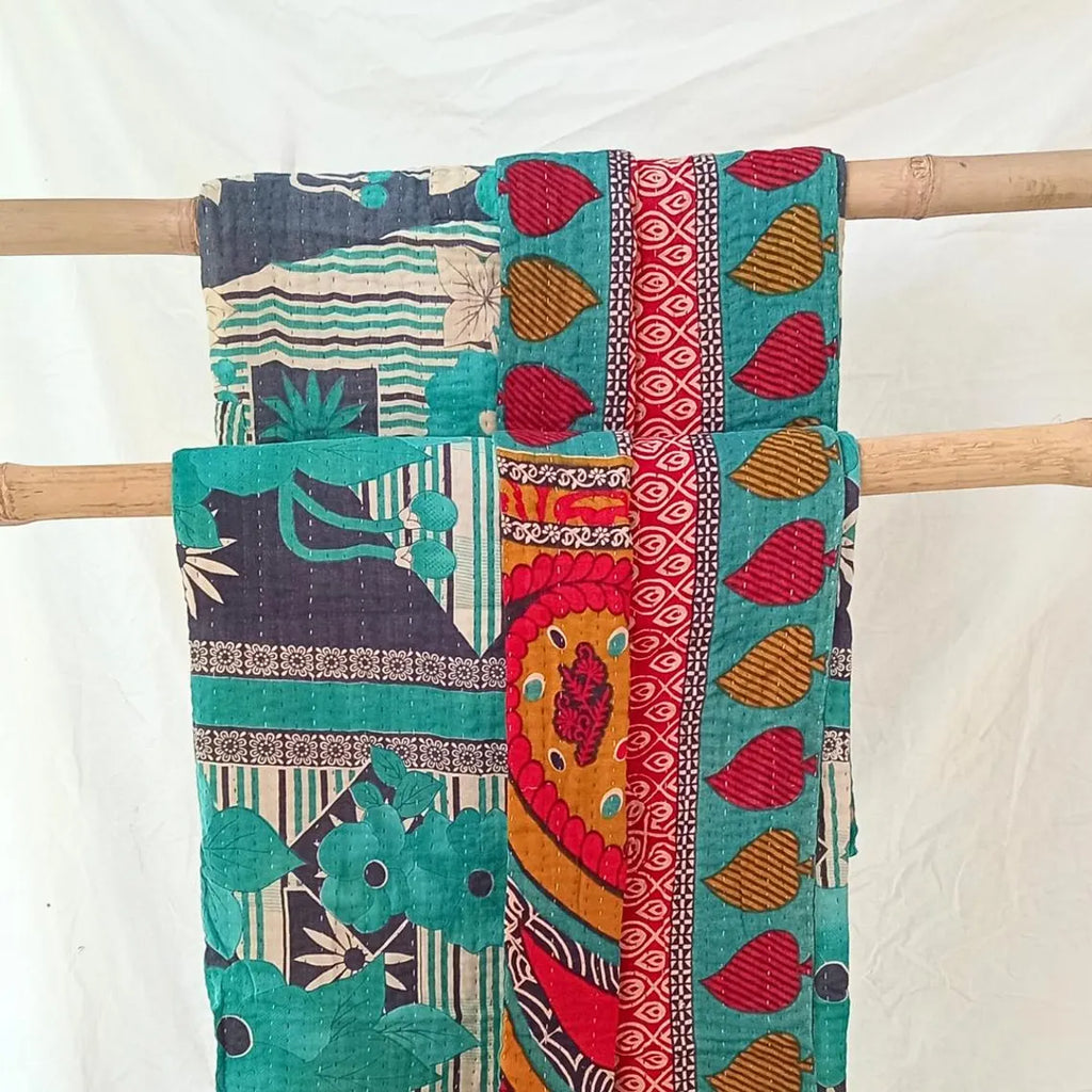 Basha Large Kantha Quilt Turquoise and Navy backed with Golden and Soft Red Shades