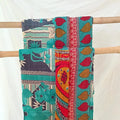 Basha Large Kantha Quilt Turquoise and Navy backed with Golden and Soft Red Shades