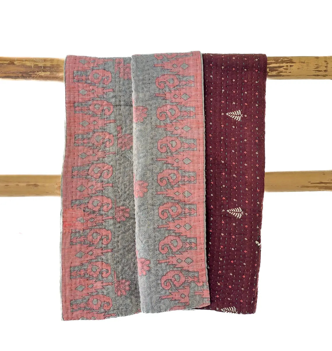 Basha Small Kantha Blanket in Dusty Pink and Burgundy