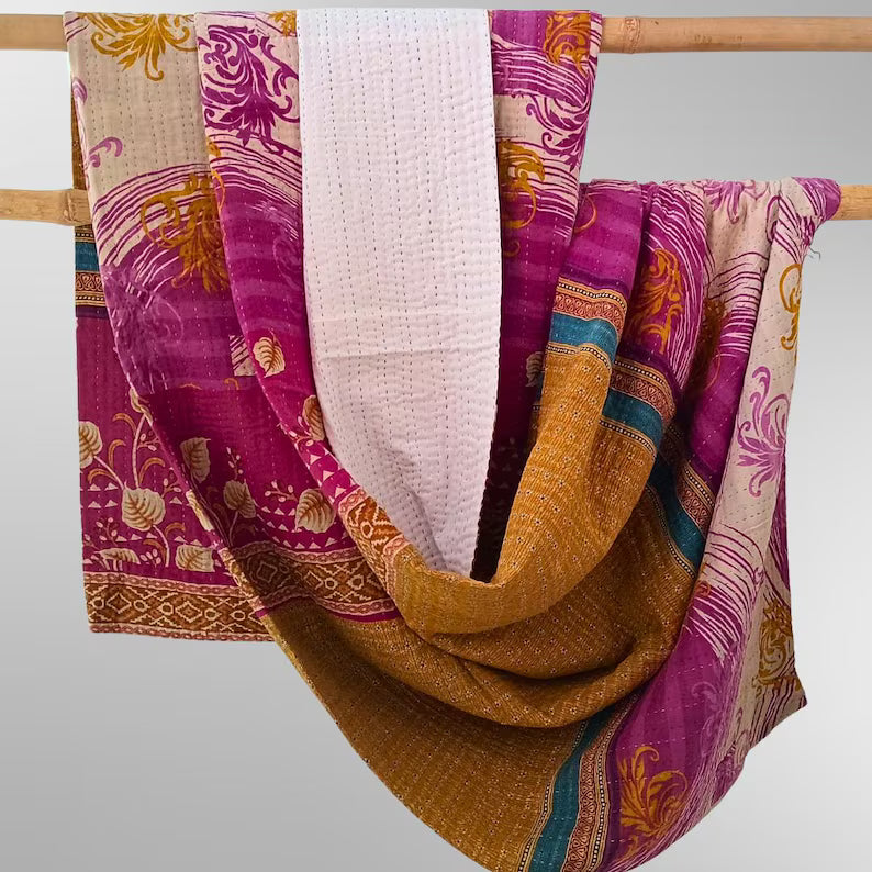 Basha Kantha Queen Bedspreads from Vintage Cotton - Golden and Rose