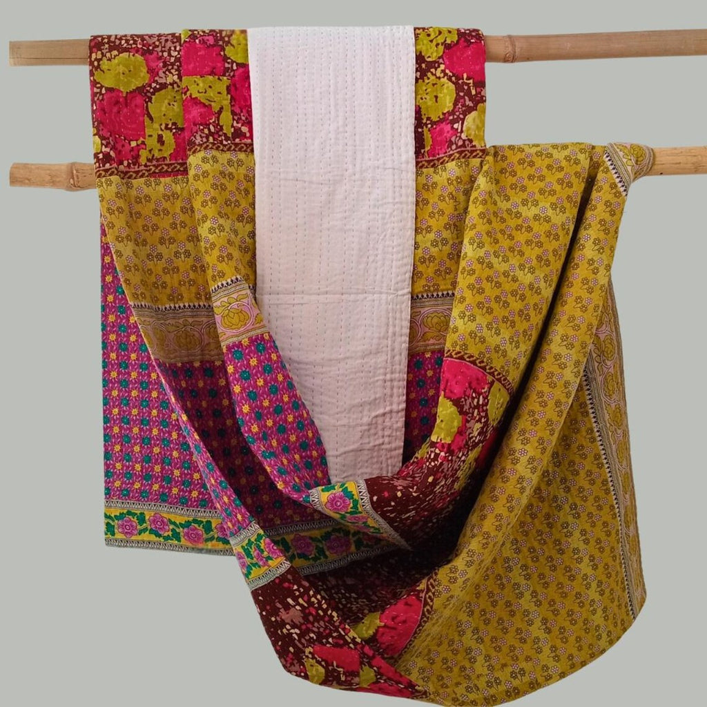 Basha Kantha Queen Bedspreads from Vintage Cotton-Golden and Fuschia