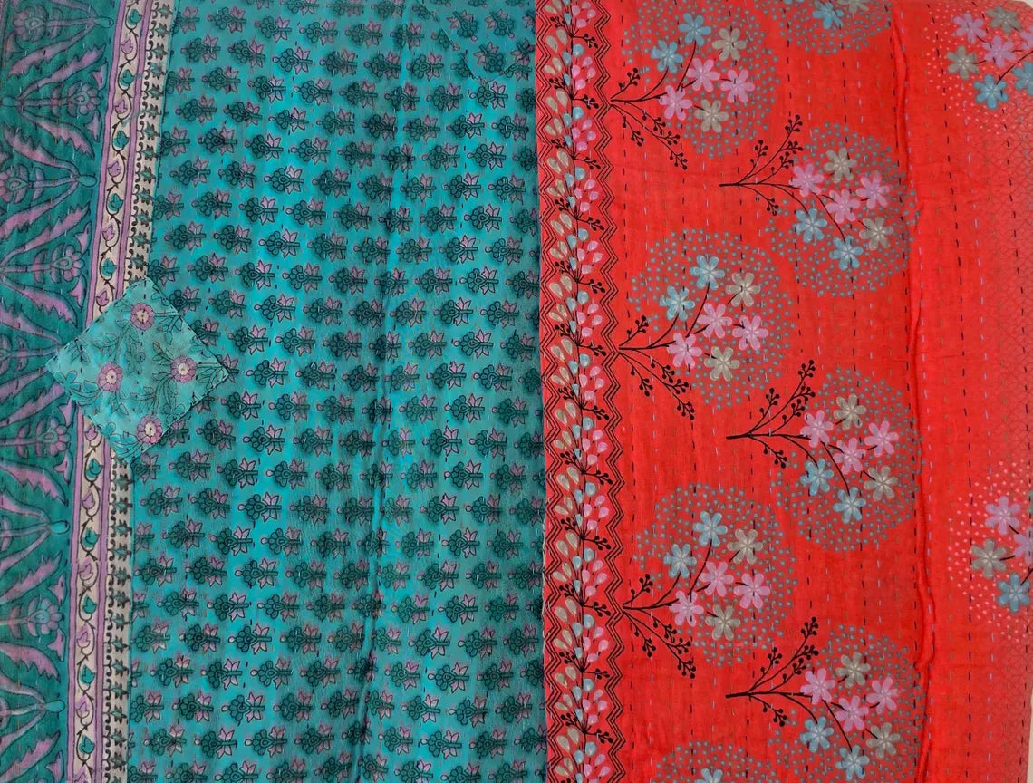 Basha Small Kantha Blanket in Red and Turquoise Blue