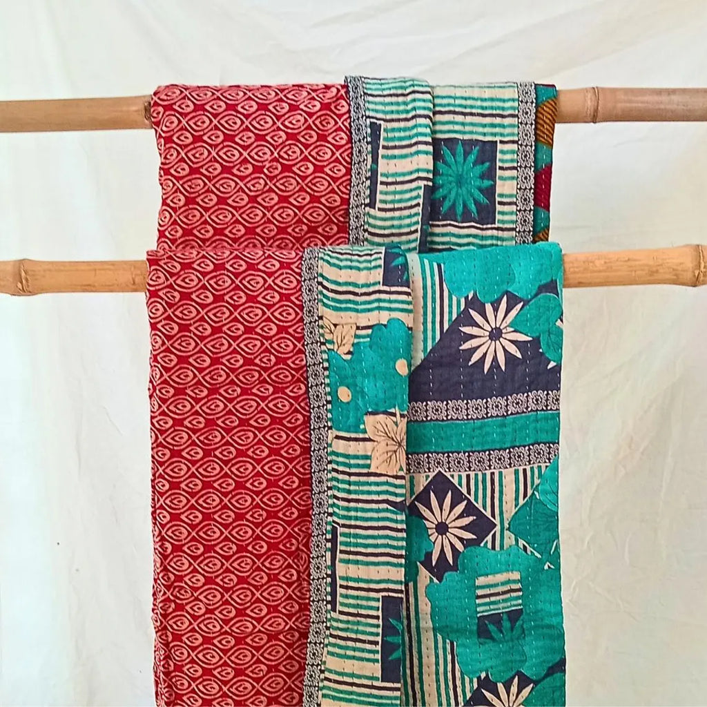 Basha Large Kantha Quilt Turquoise and Navy backed with Golden and Soft Red Shades