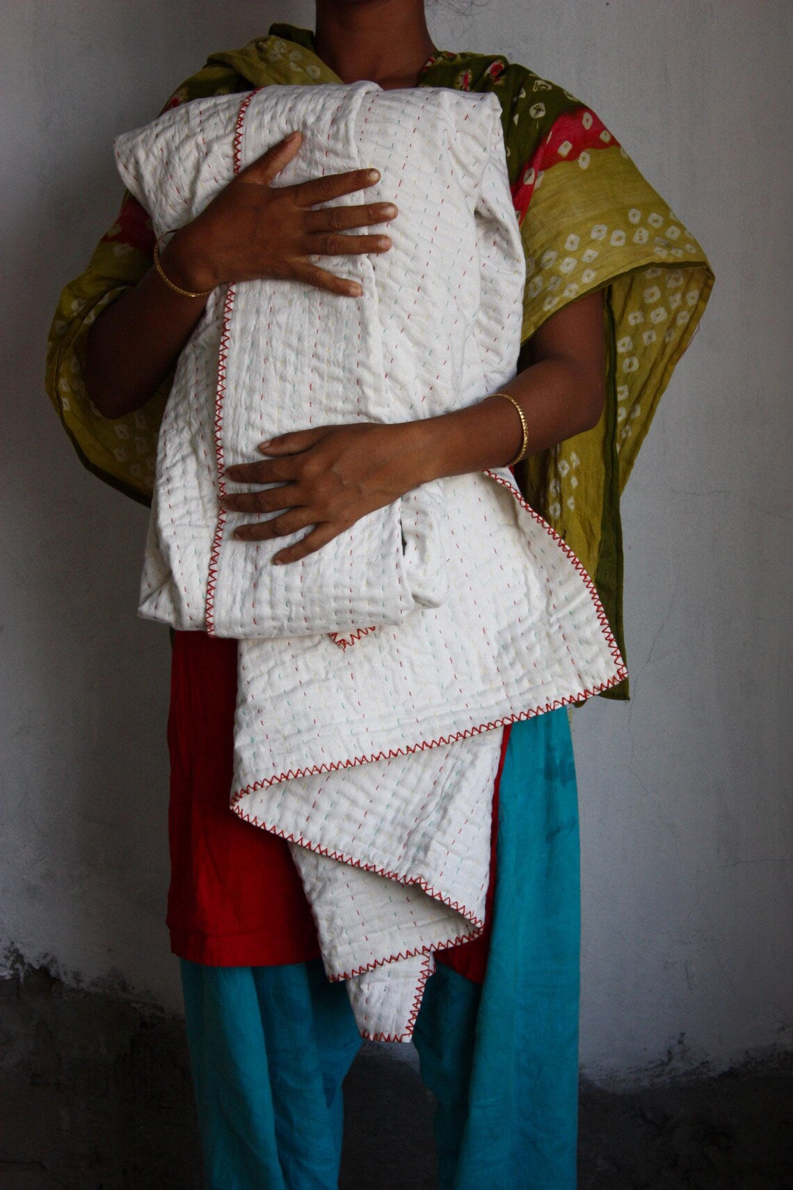 Basha Throw Size Kantha Blanket in Unbleached Cotton with Hand Stitched Edges