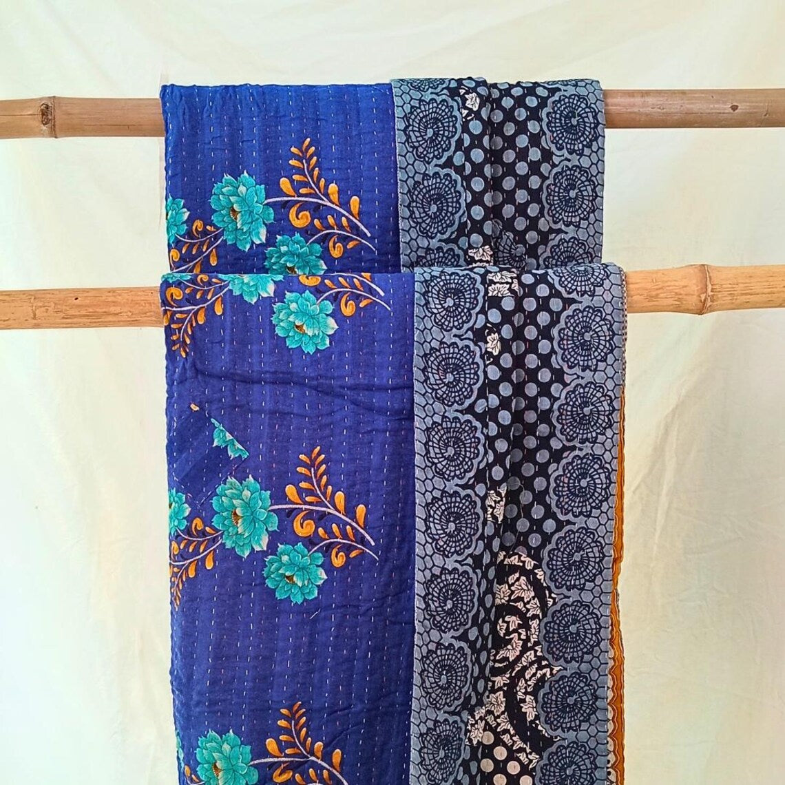 Basha Large Kantha Quilt in Shades of Blue Floral