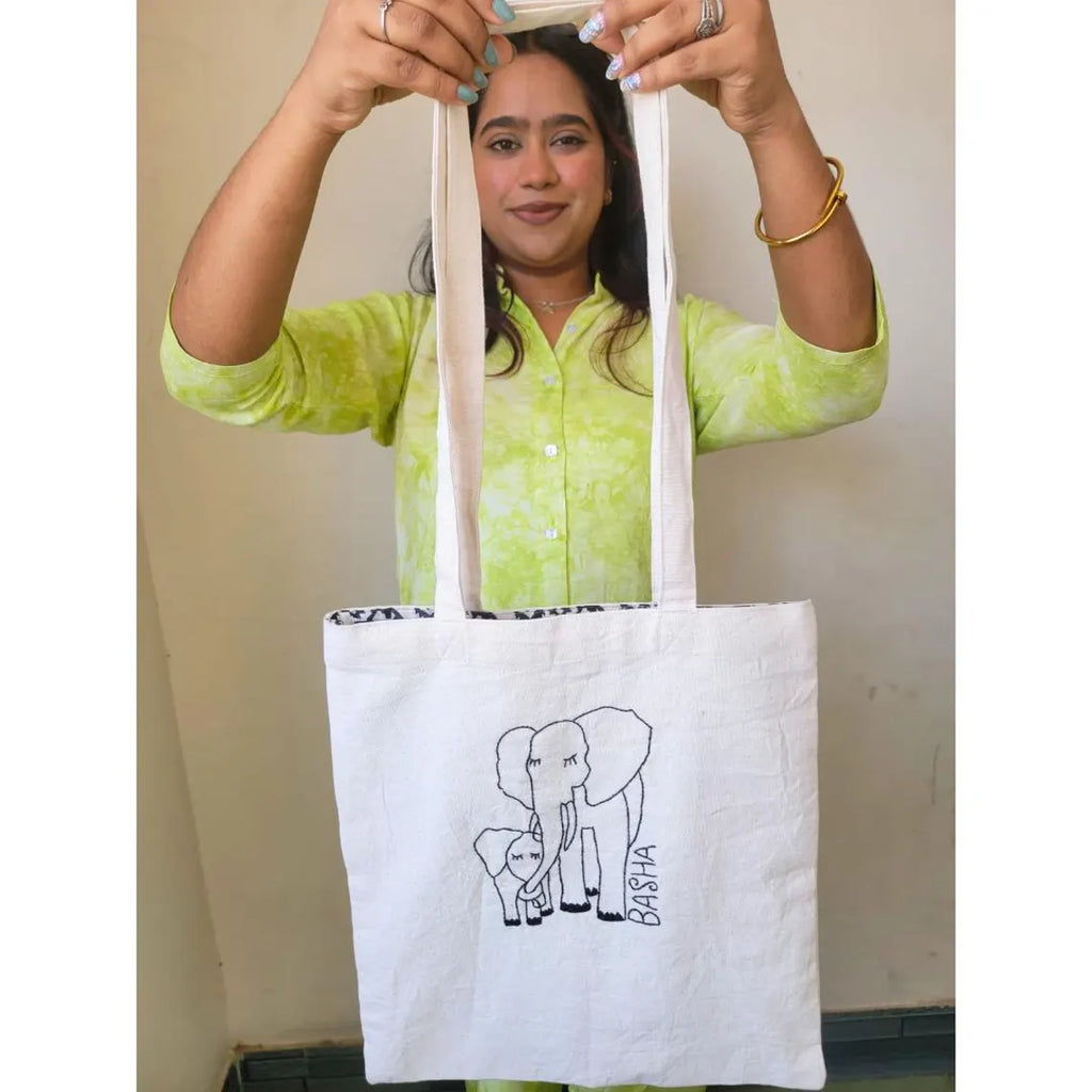 Embroidered Cotton Tote Bag with Sari Cloth Lining