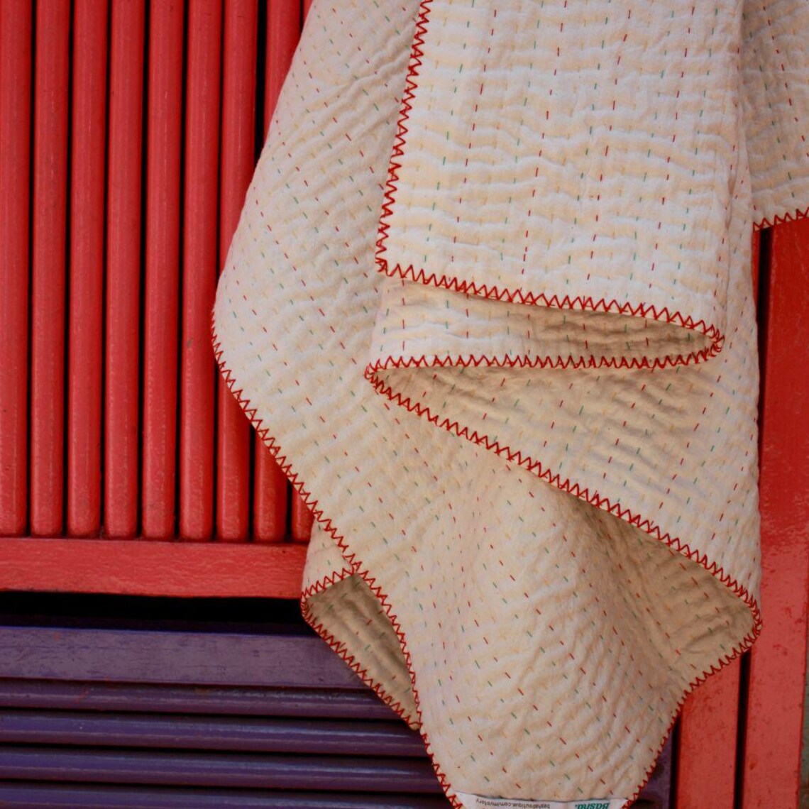 Basha Throw Size Kantha Blanket in Unbleached Cotton with Hand Stitched Edges