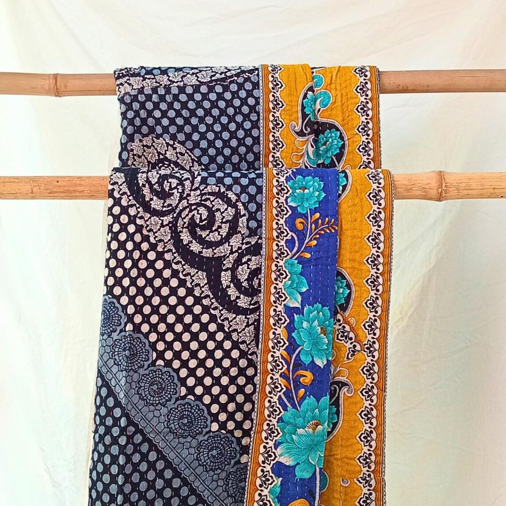 Basha Large Kantha Quilt in Shades of Blue Floral